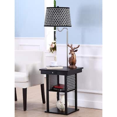 Brightech Madison 56 in. Classic Black Mid-Century Modern LED Bedside Table Lamp with Fabric Drum Shade and Built-In USB Port