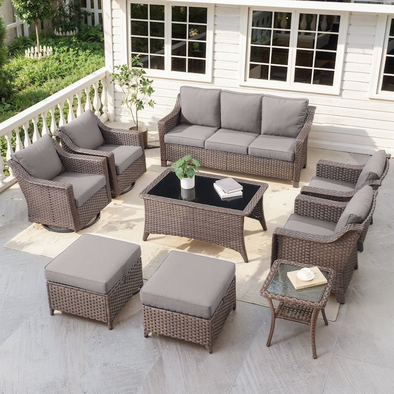 Outside Patio Sofa Chair Set with Cushions - Brwon Wicker Grey Cushion - 9PCS Swivel Chair w/ Sofa Chair Ottoman Table