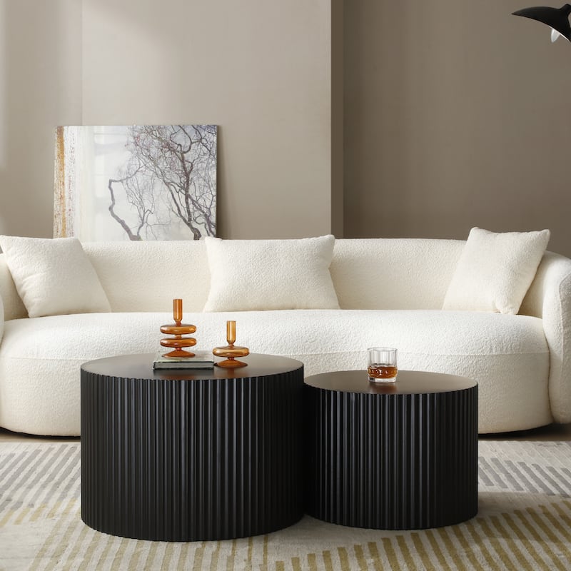 Modern Glam Relief Carving Round Accent Nesting Side Fluted Coffee Tables Set (2 Pack) No Assembled