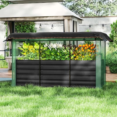 Outsunny Galvanized Raised Garden Bed with Crop Cage Plant Protection Net and Shade Cloth Roof, Metal Planter Box with Cover
