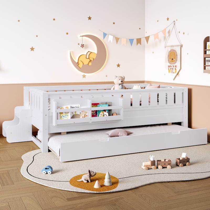 Montessori Toddler Bed with Fence, Low Profile Platform Bed for Kids with Trundle, Built-in Bookshelf and Small Staircase