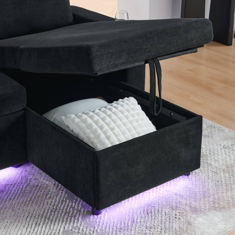 Modern Chenille Multi-functional Pull-Out Bed Sofa with Retractable Table and LED Lighting