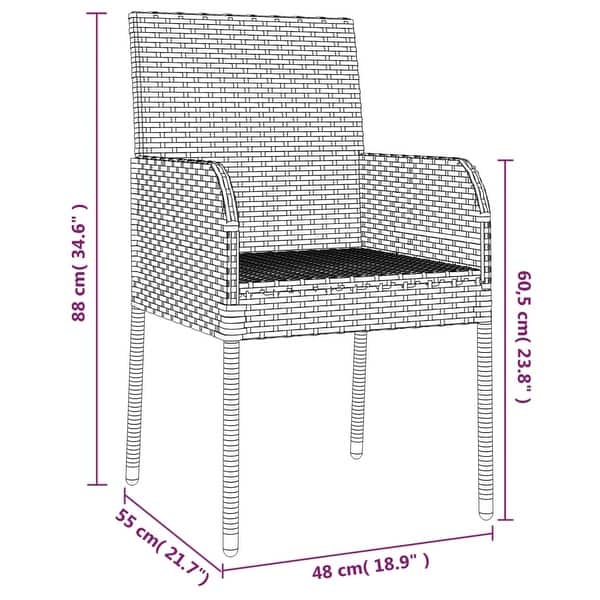 dimension image slide 3 of 13, vidaXL 3 Piece Patio Dining Set with Cushions Black Poly Rattan - 18.9" x 21.7" x 34.6"