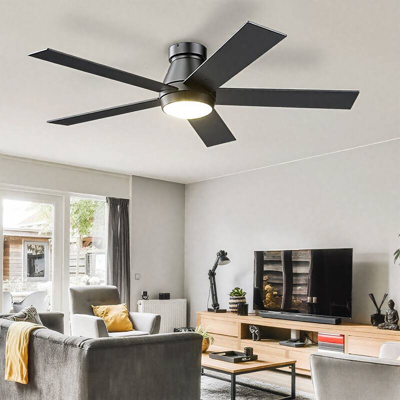 52 in. Dimmable LED Indoor/Outdoor Black Ceiling Fan with Light and Remote, 5 Blades, 6 Speeds DC Reversible, Noiseless - Black