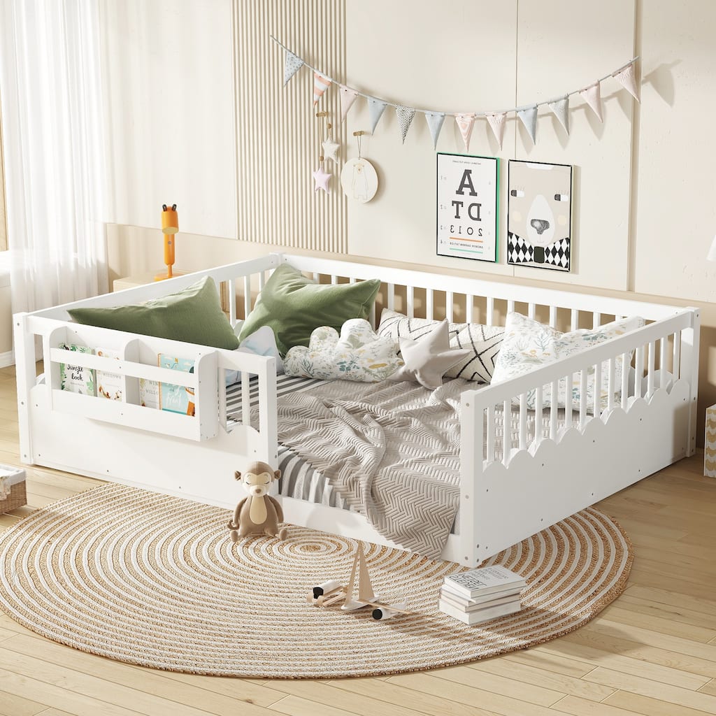 Queen/Full/Twin Floor Bed with Fence and Bookshelf, Wood Kids Floor Bed