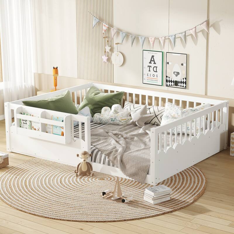 Roomfitters Queen Floor Bed with Bookshelf and Heightened Fence, Solid Wood Frame with Guardrails