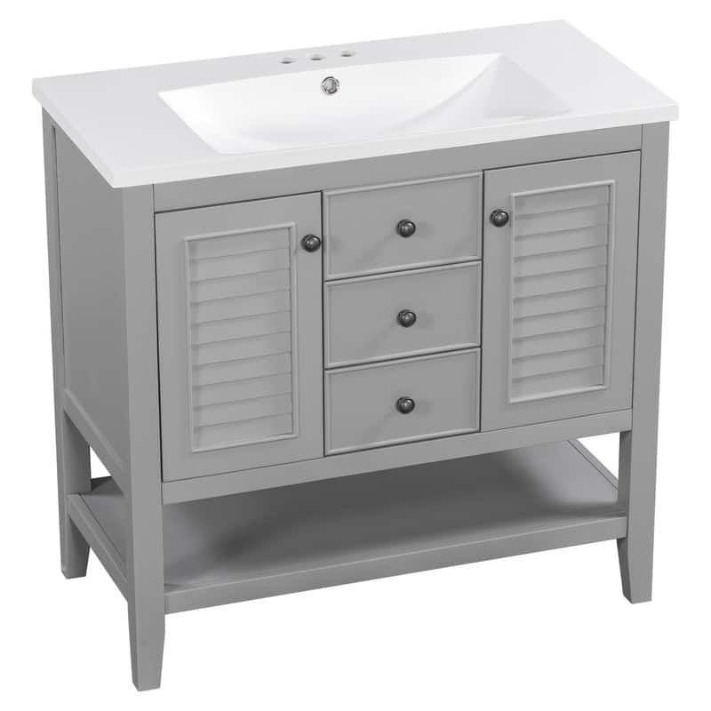 36" Bathroom Vanity with/without Sink, Bathroom Vanity Cabinet with 2 Cabinets and Drawers, Open Shelf, Solid Wood Frame