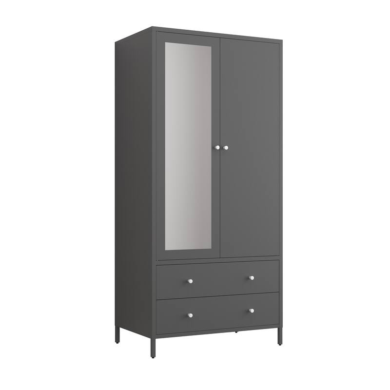Metal Armoire Wardrobe Closet with 2 Drawers,Mirror Door and Hanging Rod