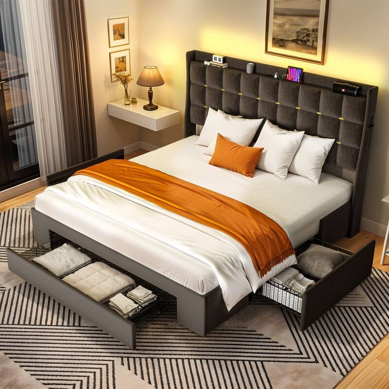 Moasis Queen/King Size Velvet Upholstered Bed with Charging Station and Storage Drawers