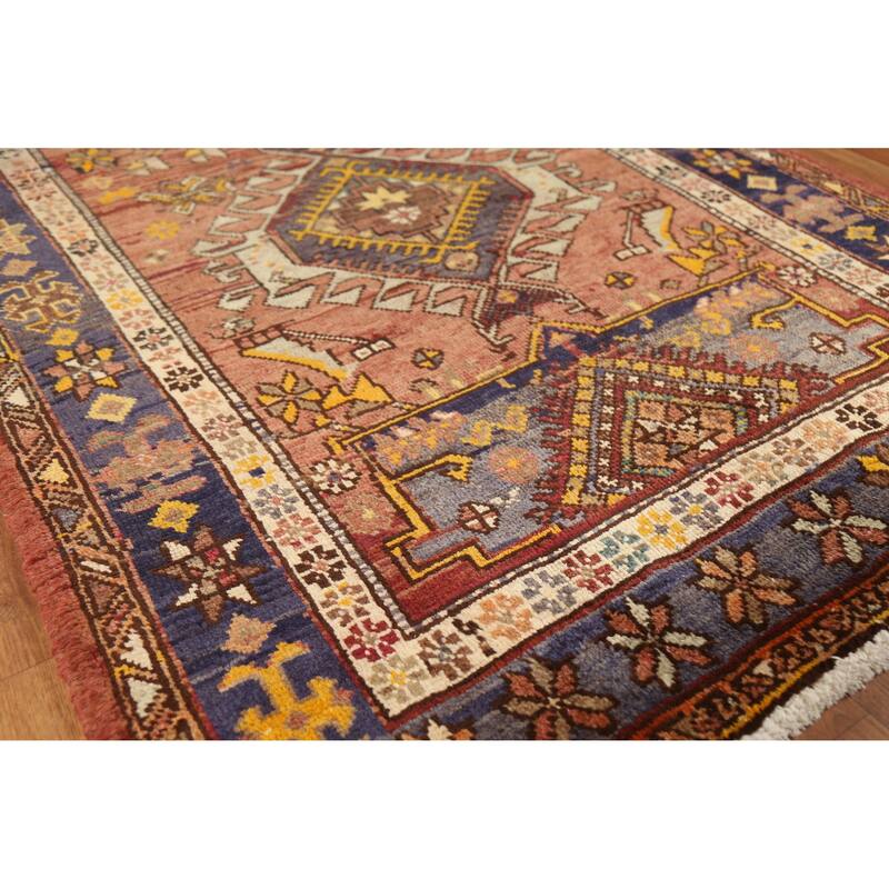 Hand Knotted Oriental 100% Wool Carpet Traditional Geometric Oranges & Rust Heriz Runner Rug - 12' 11'' X 3' 9''