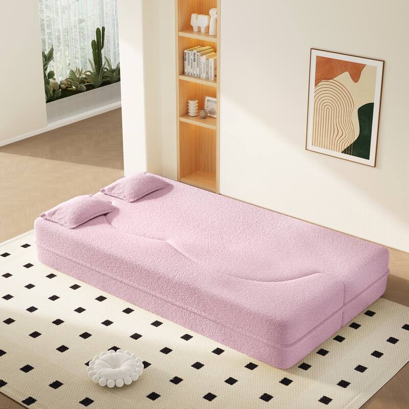 Modern Floor Sofa with 2 Pillows,Convertible Teddy Fabric Foam-Filled Sleeper Sofa Bed