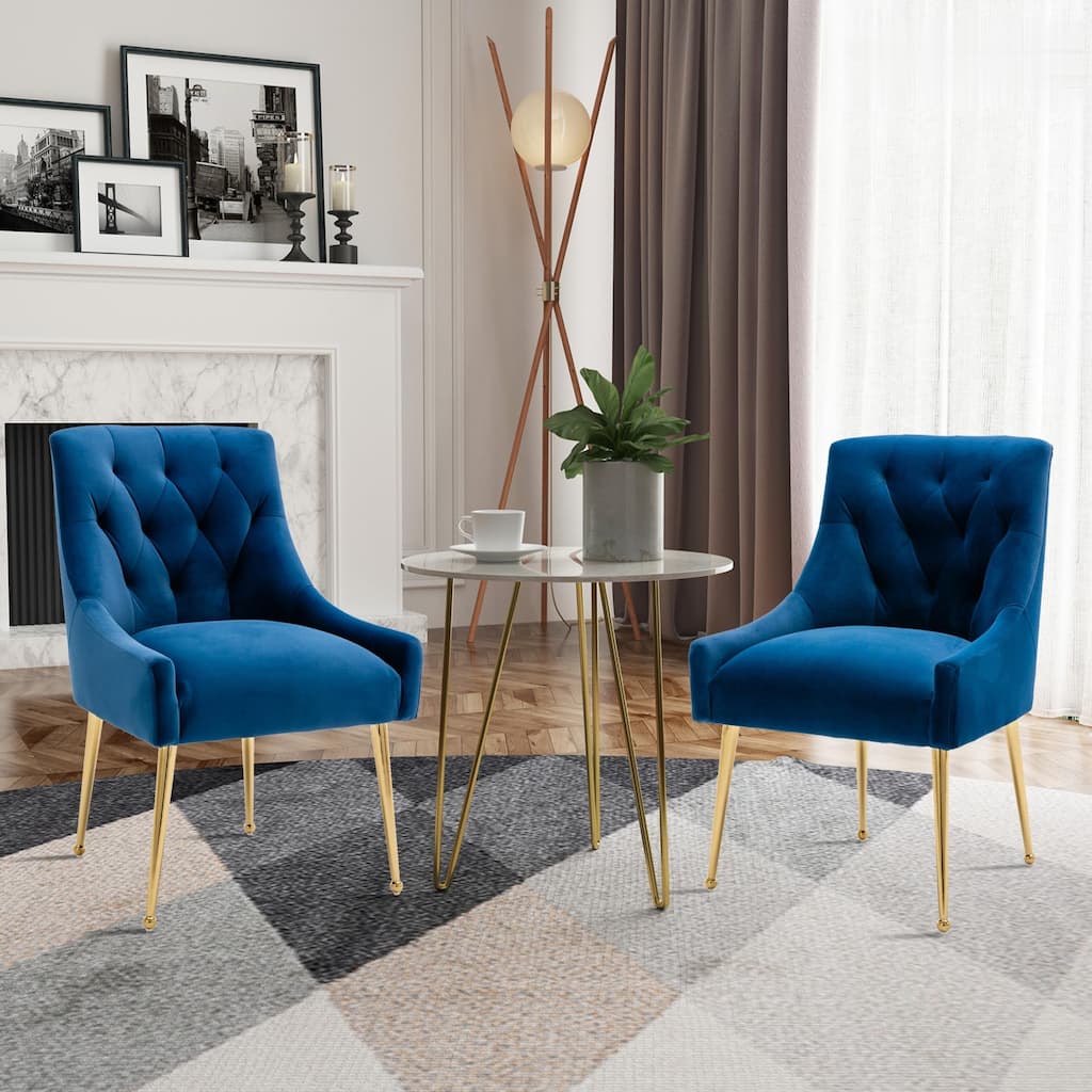 2 Pieces Navy Blue Tufted Velvet Upholstered Accent Dining Side Chairs