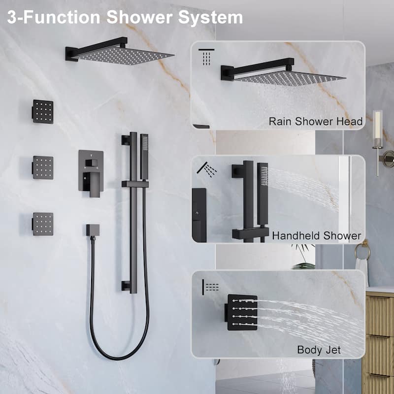 3-Function Shower System With 12" Ultra-Thin Square Shower Head,Body Jets And Hand Shower(Valve Included)