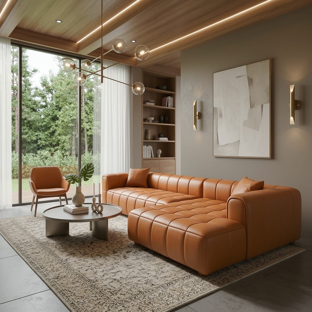 Finley Mid Century Modern Pillow Back Leather Sectional Sofa