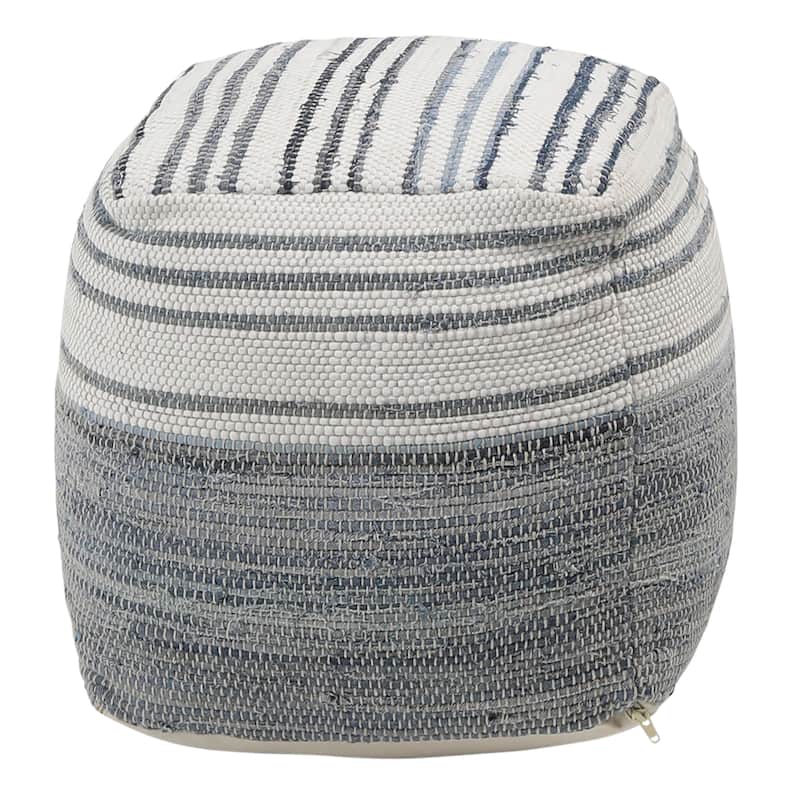 Marsh Cotton Chindi and Denim Upholstered Pouf, Blue/White