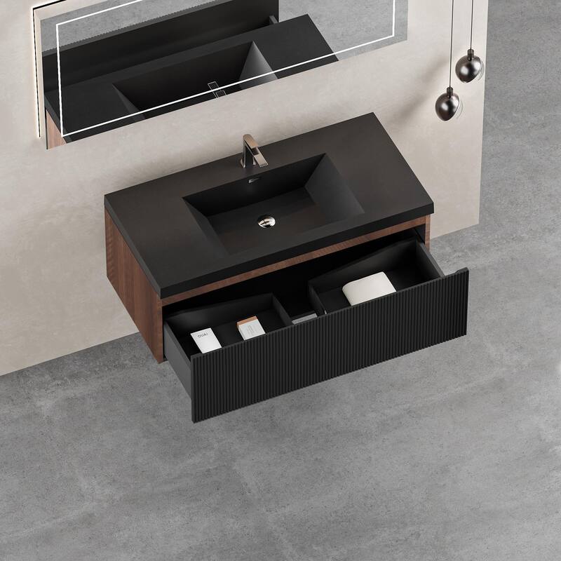 GDFStudio - Everett 36-Inch Floating Bathroom Vanity with Quartz Sand Basin and Fluted Storage Drawers