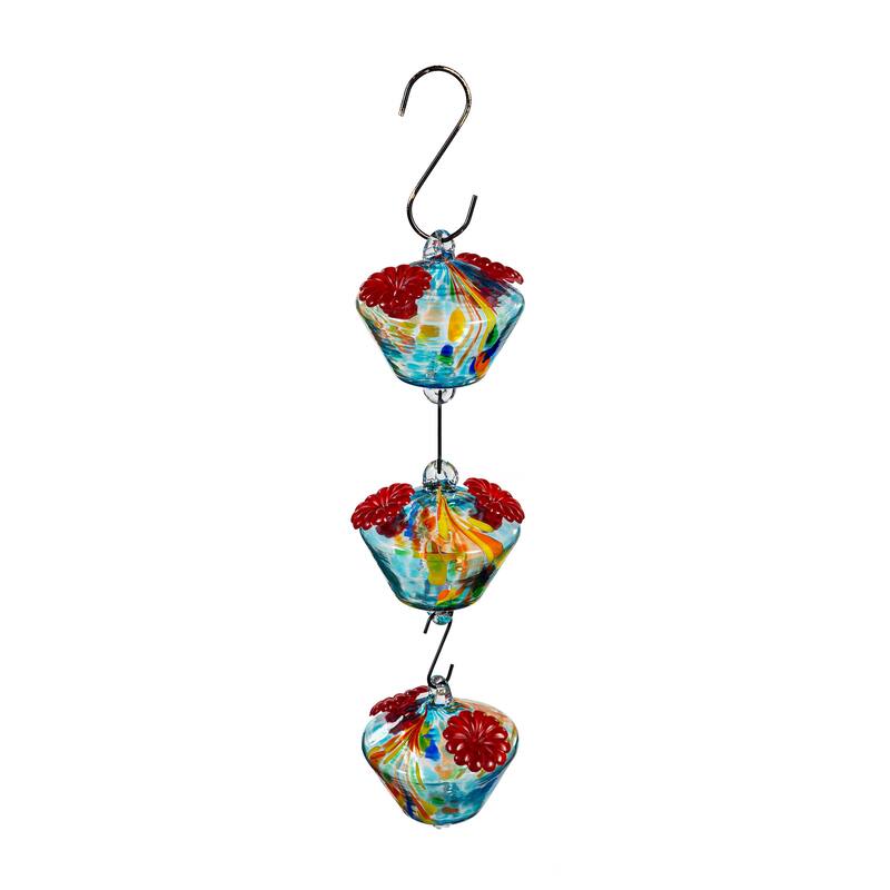 Art Glass Hanging Chained Hummingbird Feeder, Blue & Yellow