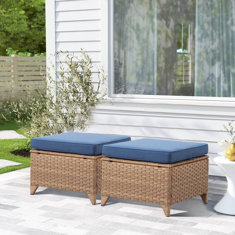 Gymojoy Outdoor Durable Wicker Ottomans with Olefin Cushions - 2-Piece - Yellow Wicker / Blue Cusion