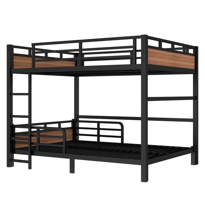 Roomfitters Twin/Full/Queen Metal Bunk Bed & Loft Bed with Raised Safety Fence, Convertible Platform Design, Vintage Wood