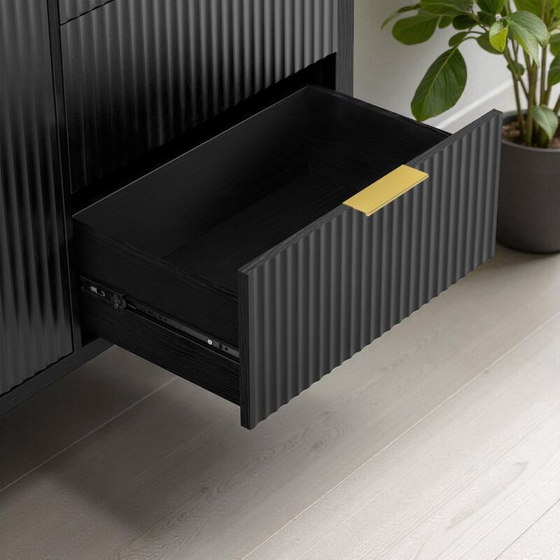 Modern Wave-Pattern Sideboard with 3 Drawers, Buffet Cabinet with Hooks & Center Leg for Living Room or Entryway