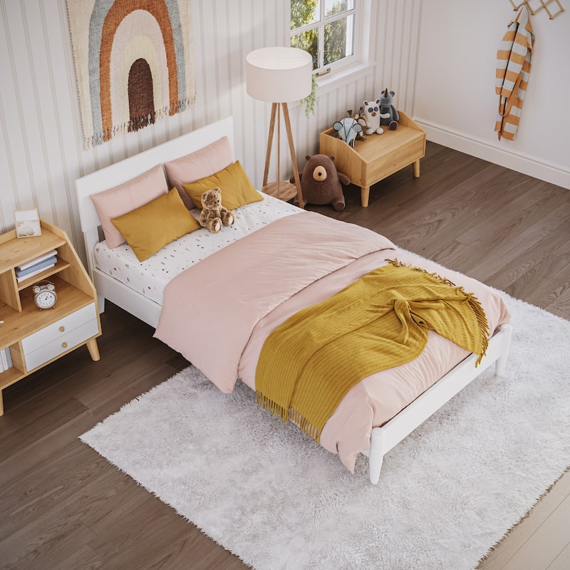 Modern Low Profile Wood Platform Bed - Twin Size Bed Frame, White Finish, Simple Design
