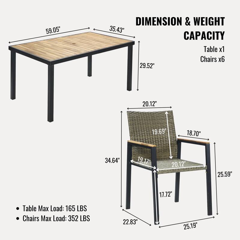 All Weather 7-Piece Patio Dining Table Sets, Patio Conversation Set Acacia Wood Table Top with Umbrella Hole