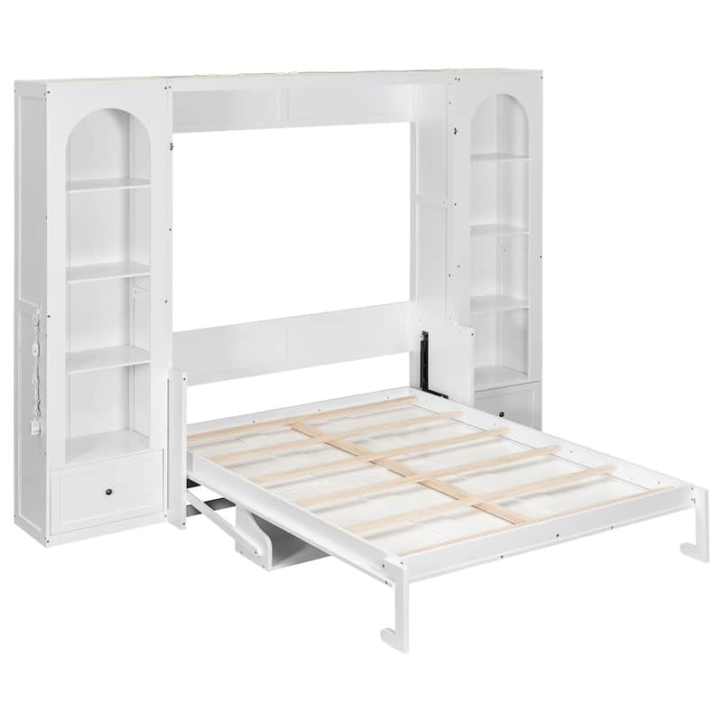 Murphy Bed Queen Size Bookcase Bed Platform Bed with Side Cabinets and 2 Drawers, Elegant French Folding Bed LED Wall Bed