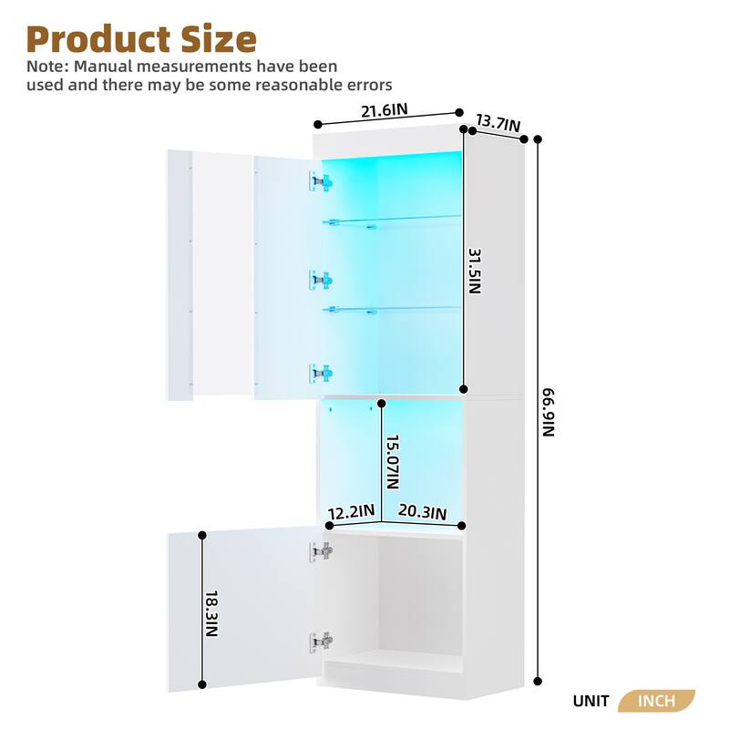 High Gloss Storage Cabinet with LED Lights and Acrylic Door, Tall Pantry Display Cabinet - 21.6" W × 13.7" D × 66.9" H