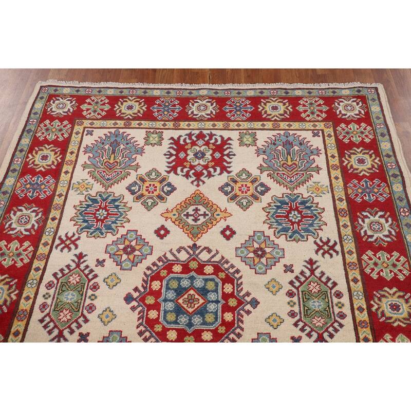 Geometric Ivory Kazak Oriental Area Rug Handmade Wool Carpet - 5'2" x 6'6"