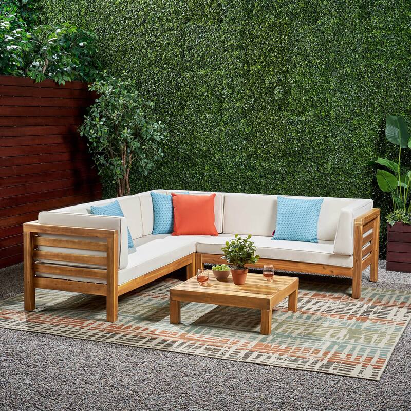Oana Outdoor 5 Seater V Shaped Mid-Century Modern Acacia Wood Sectional Sofa Set with Coffee Table by Christopher Knight Home - Beige