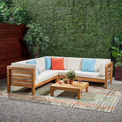 Oana Outdoor 5 Seater V Shaped Mid-Century Modern Acacia Wood Sectional Sofa Set with Coffee Table by Christopher Knight Home