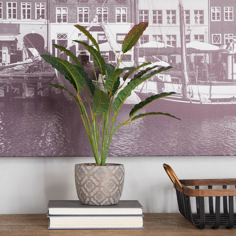 Faux Foliage Crotons Artificial Plant with Realistic Leaves and Geometric Patterned Pot - Green - Roche River Decor
