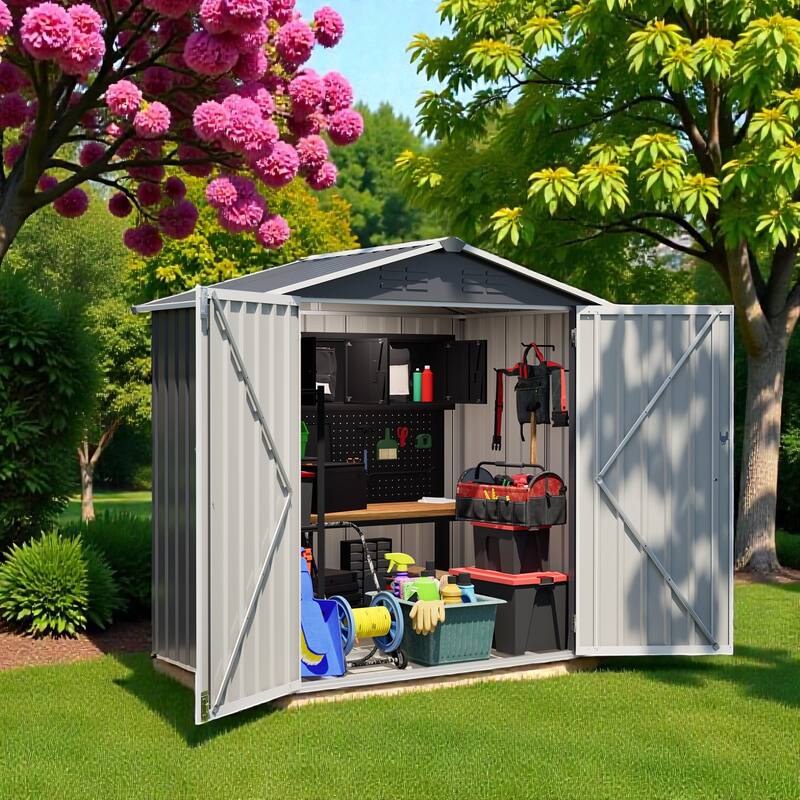 6 x 4 FT Outdoor Metal Storage Shed with Lockable Door, Waterproof Steel Tool Shed for Backyard