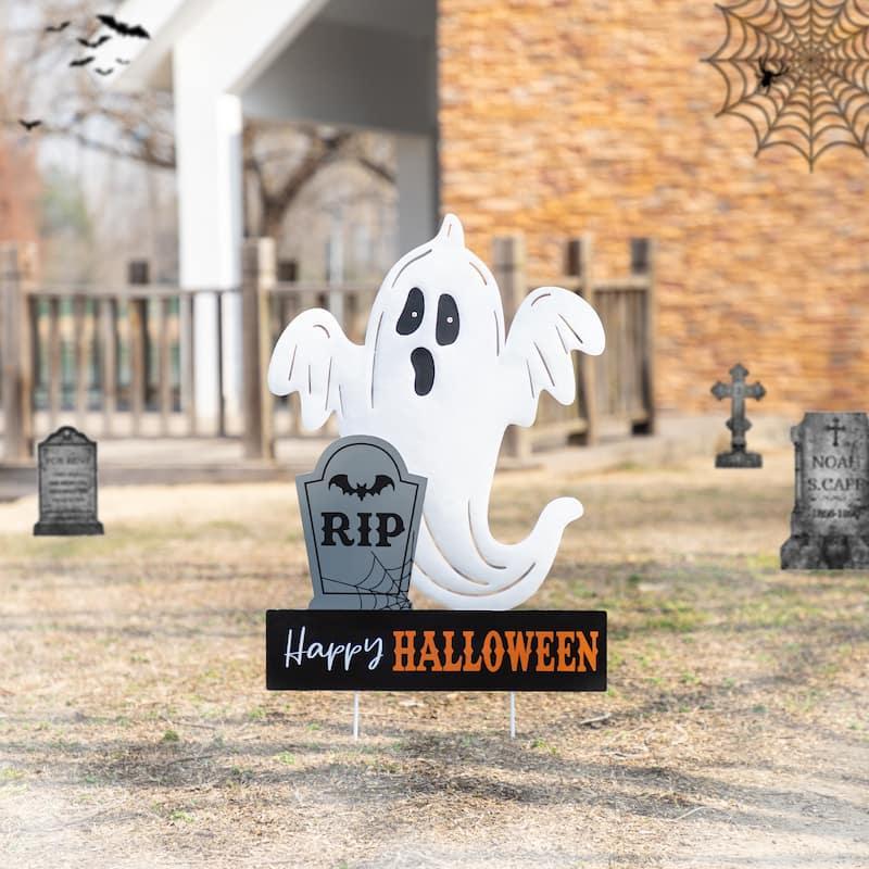 Glitzhome Halloween LED Ghost Cat Pumpkin Nutcracker Yard Stakes Standing Sign Hanging Decor