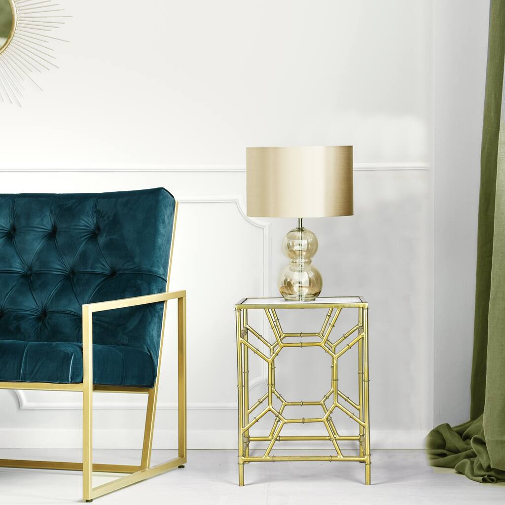 Spitiko Homes Square Gold Bamboo Side Table with Clear Glass/16" x 16" x 22"