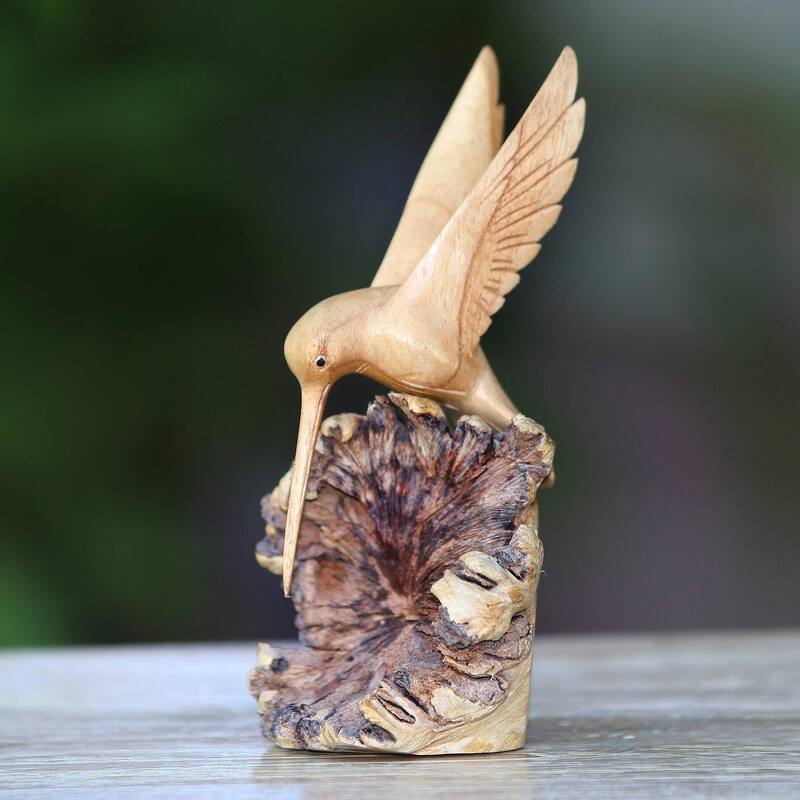 NOVICA Hand-Carved Jempinis Wood Flying Hummingbird Sculpture Hummingbird Joy (Indonesia) - 3.5