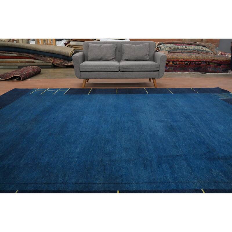 Hand Knotted Oriental 100% Wool Carpet Modern Geometric Navy Blue & Blues Gabbeh Area Rug - 12' 9'' X 9' 10''