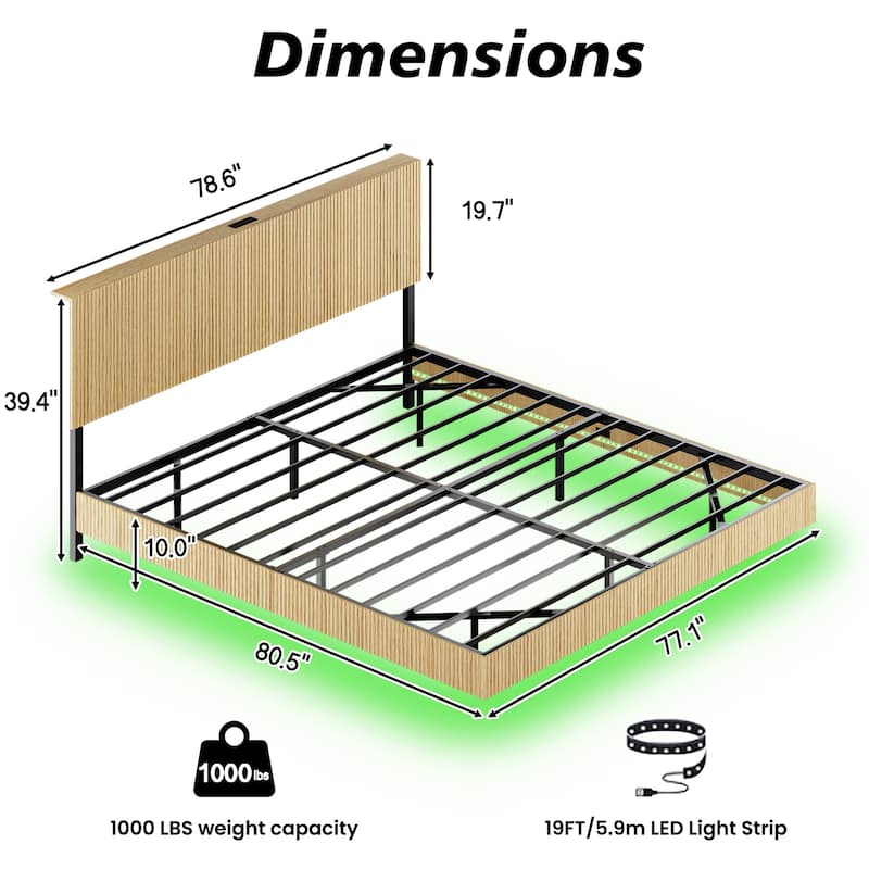 King Wavy Platform Bed Frame, Headboard with Charging Station/Modern Floating Bed with LED Light Strip/Metal Structural Support