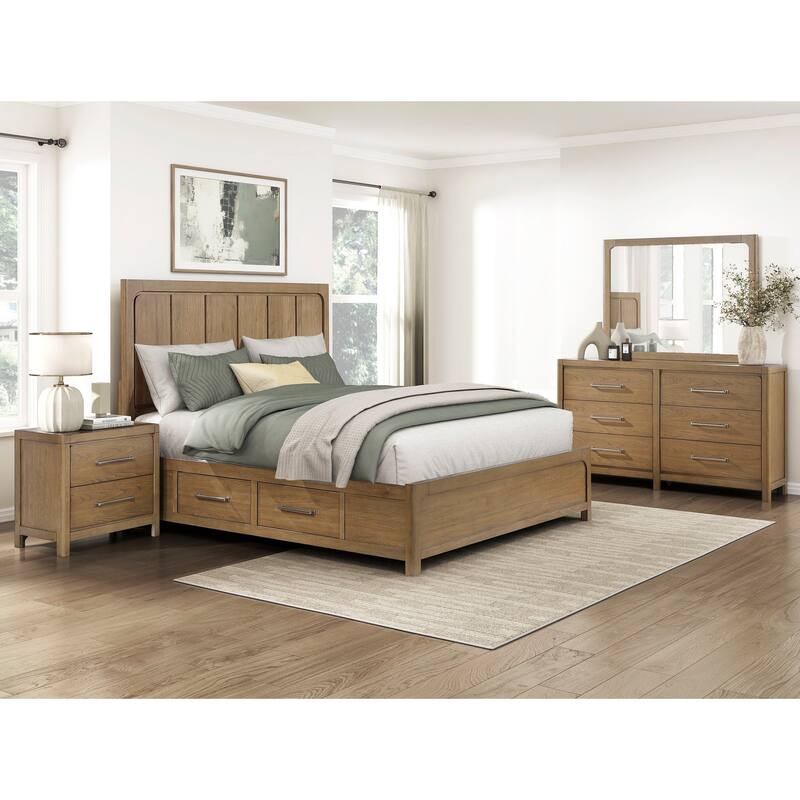 Modern Bedroom Furniture Sets Storage Bed Nightstand Dresser Mirror Light Brown Finish - Eastern King - 5 Piece