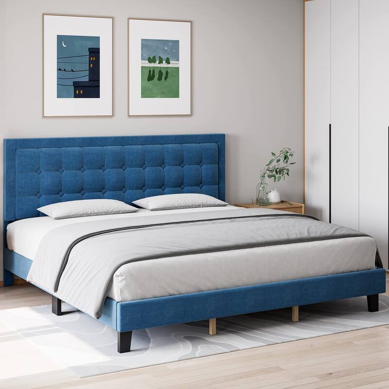 Button Tufted Velvet Platform Bed with Adjustable Headboard