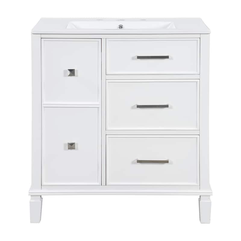 30 Inch Bathroom Vanity with Ceramic Sink, Flip-Out Drawer Design for Plumbing - White
