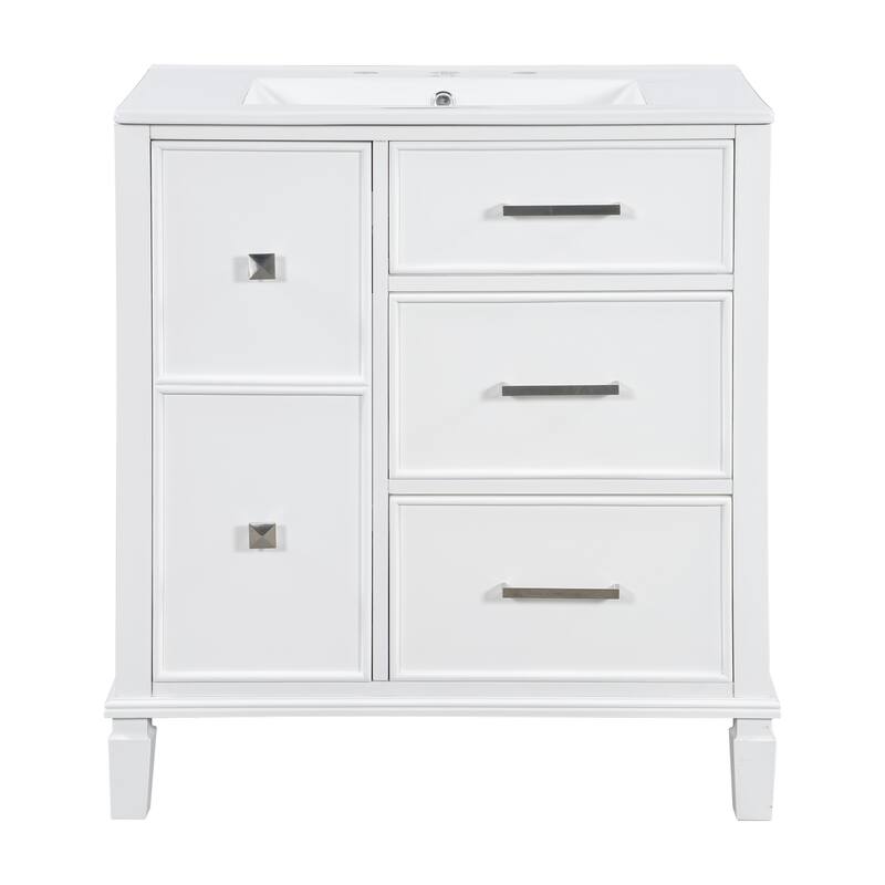 Freestanding Bathroom Vanity with Drop-In Rectangular Ceramic Sink, Flip-Out Drawer, Soft-Close Drawers and Solid Wood Legs
