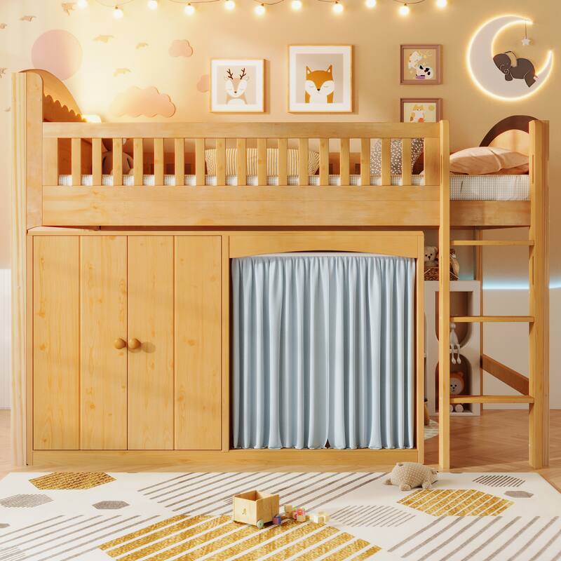 Twin Loft Bed with Built-in Wardrobe & Storage Cabinet, Space-Saving Design with LED Lighting