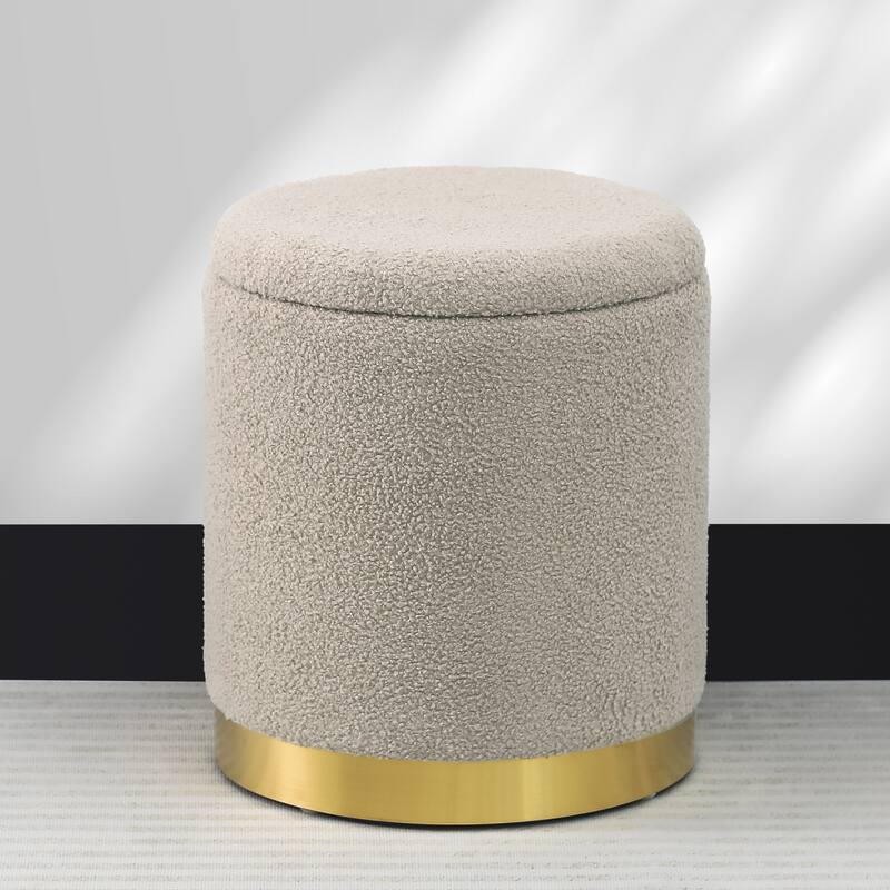 Adeco Velvet Round Storage Stool Gold Plating Base Storage Ottoman