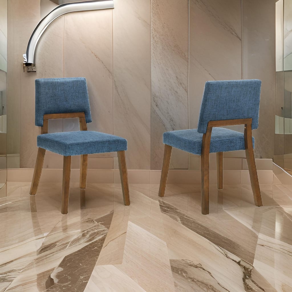 Yumi 23 Inch Dining Chair, Set of 2, Blue Fabric Seat, Walnut Brown