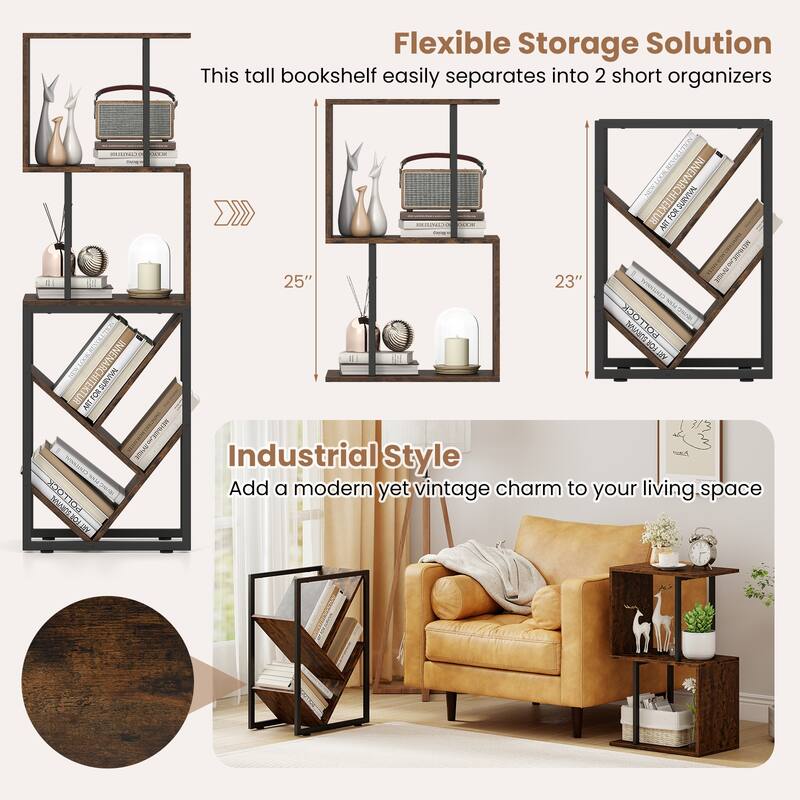 Gymax 2PCS 6-Tier Bookshelf Industrial S-Shaped Geometric Bookcase w/