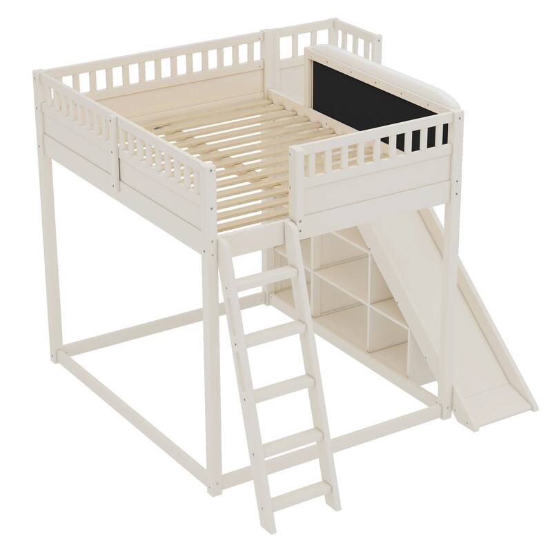 Roomfitters Loft Bed with Upholstered Headboard and Slide, Storage Shelves and Ladder