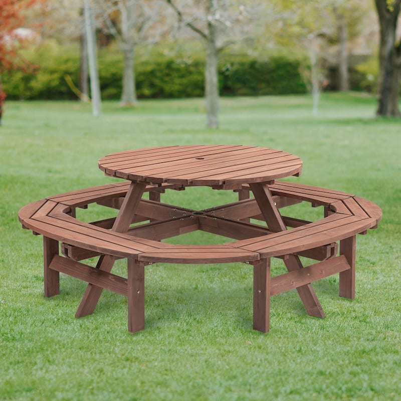 Round Outdoor Wooden Picnic Table for Patio - Brown