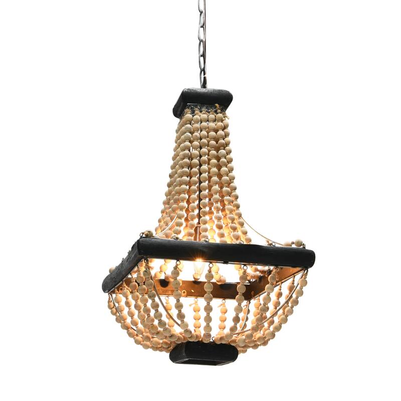 Wood & Metal Framed Chandelier with Wood Bead Draping