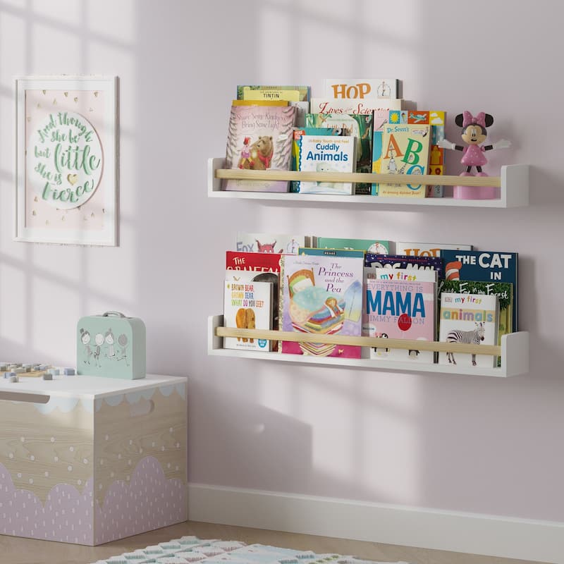 Wallniture Madrid Kids Bookcases, Wall Shelves for Nursery Decor, 36", White, Set of 2